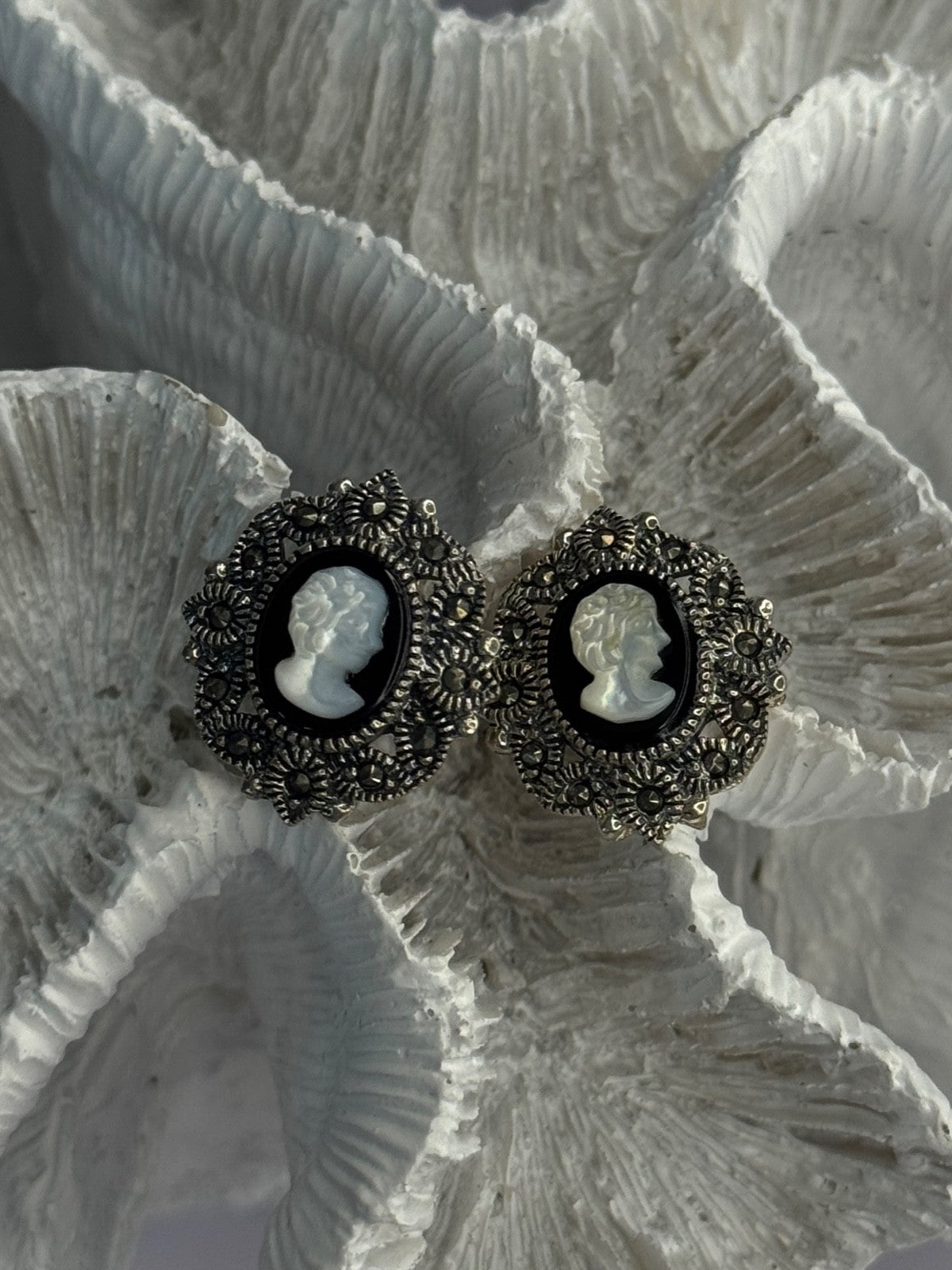925 Sterling Silver Victorian Cameo Carved Shell Marcasite Earrings