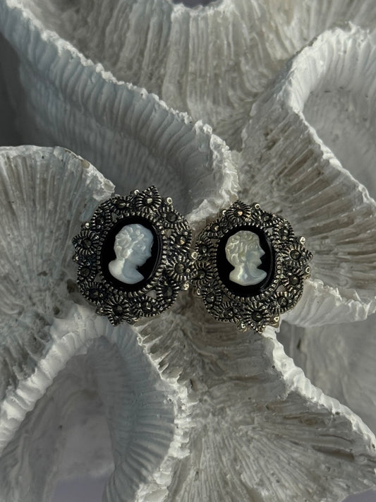 925 Sterling Silver Victorian Cameo Carved Shell Marcasite Earrings