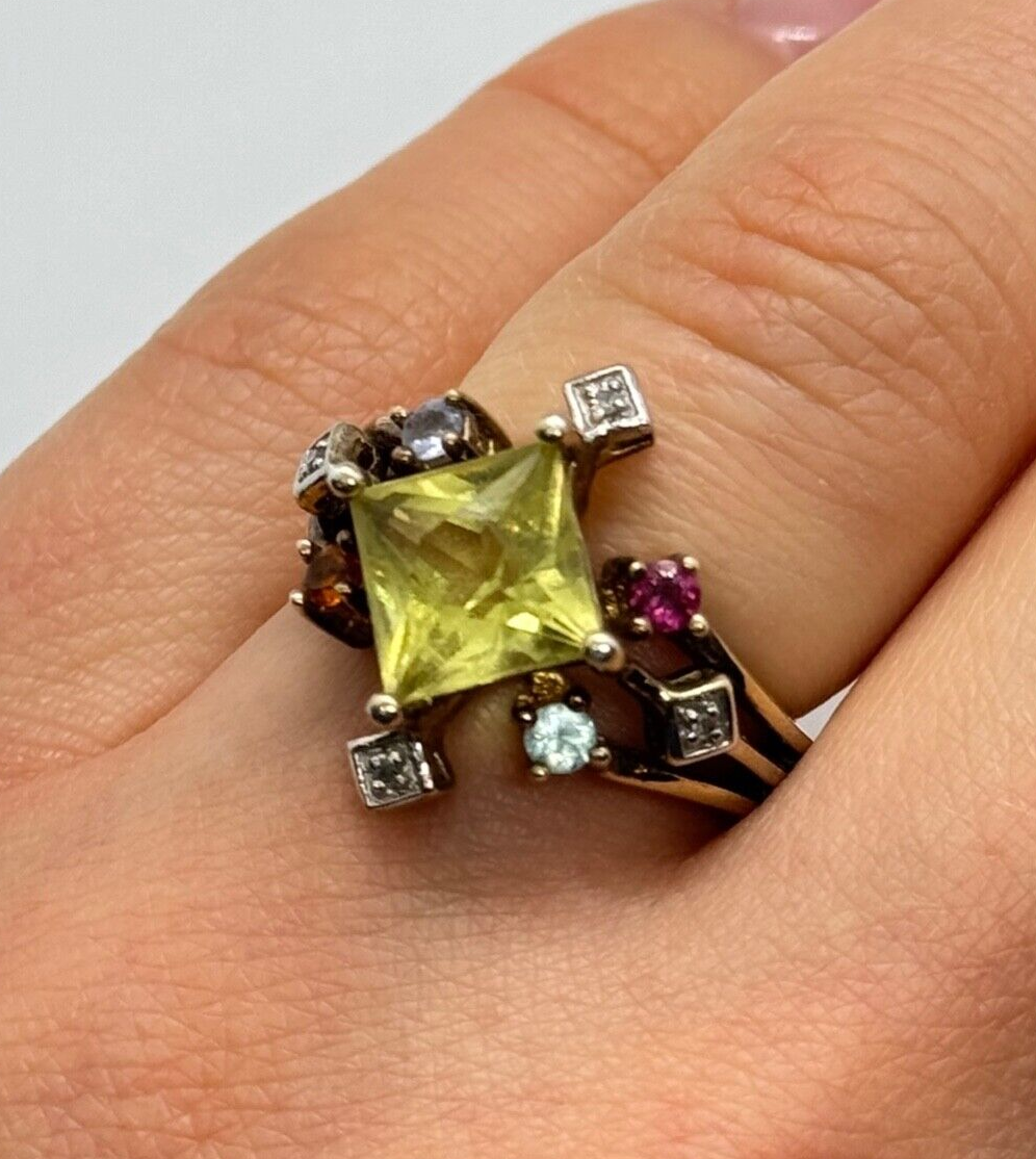 925 Sterling Silver SLV Tourmalines & Diamonds Ring Size 5.5