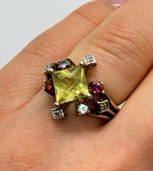 925 Sterling Silver SLV Tourmalines & Diamonds Ring Size 5.5