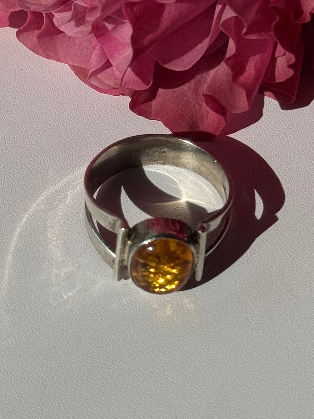 925 Sterling Silver Amber Ring Size 9.5