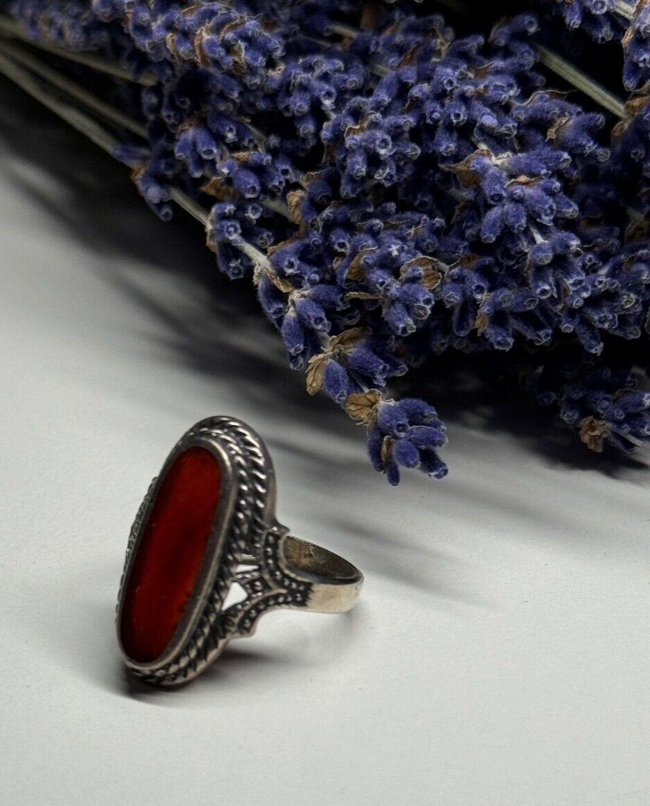 925 Sterling Silver Amber Ring Size 8