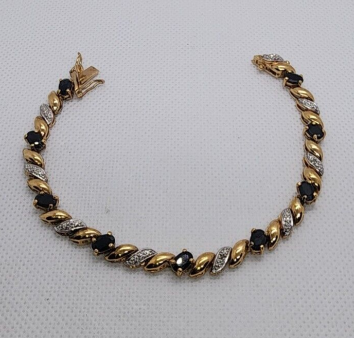 925 Sterling Silver Vermeil Sapphires AND Diamonds Bracelet Size 7.25 IN