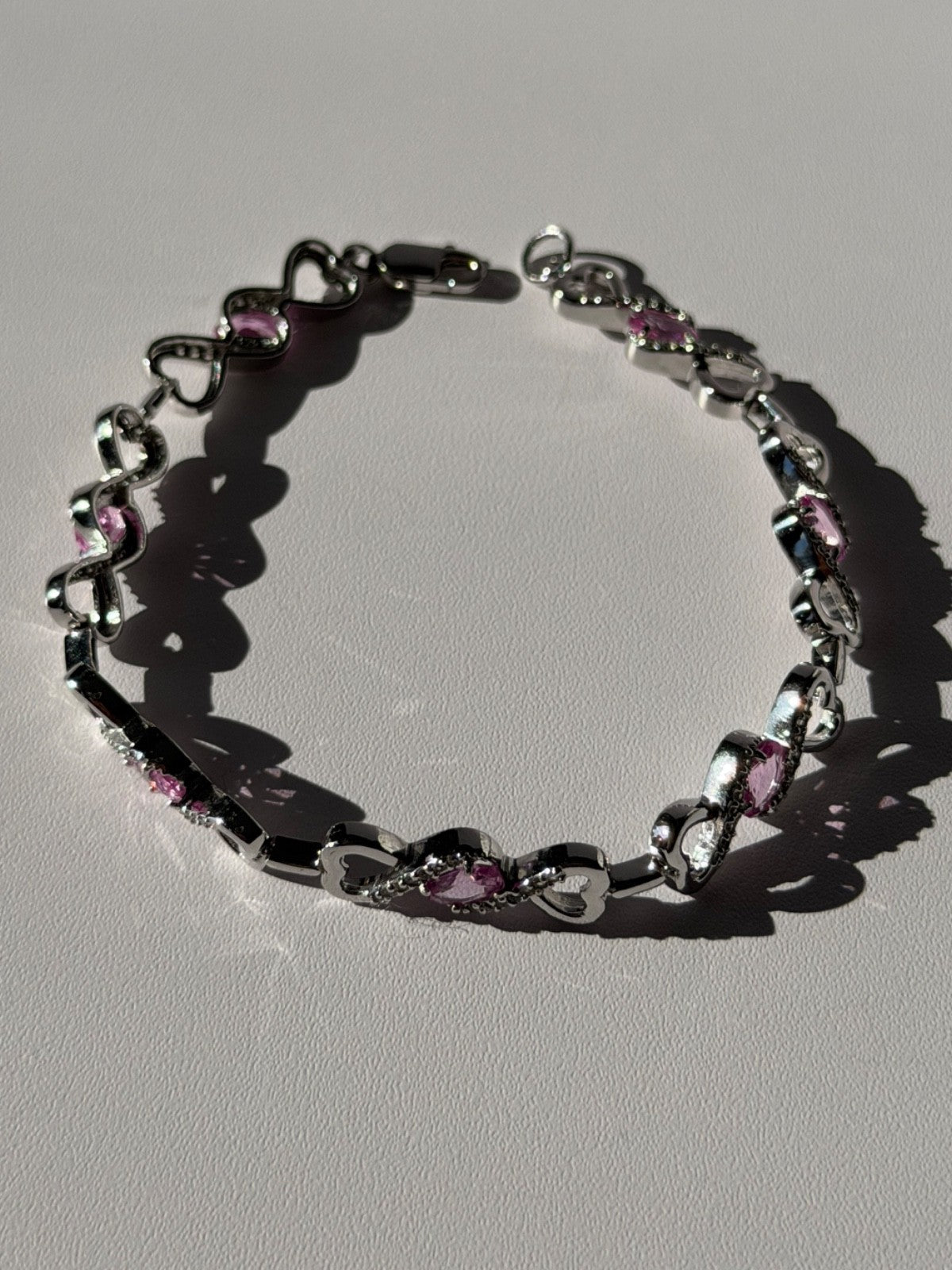 925 Sterling Silver Pink & White Spinel Heart Bracelet