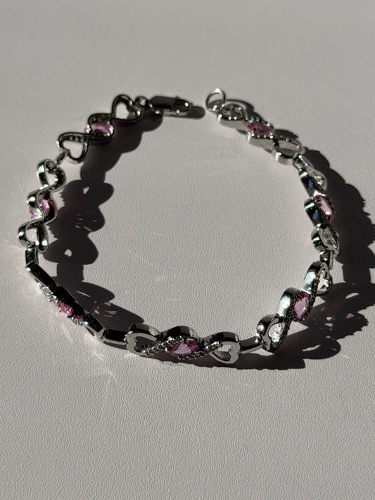 925 Sterling Silver Pink & White Spinel Heart Bracelet