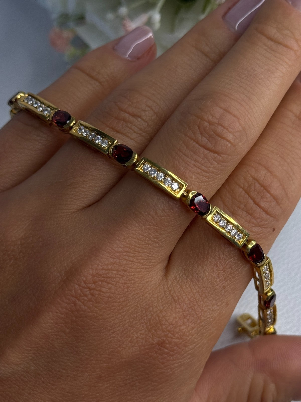 925 Sterling Silver Gold Plated Jjt Garnet & CZ Bracelet Length 7.5