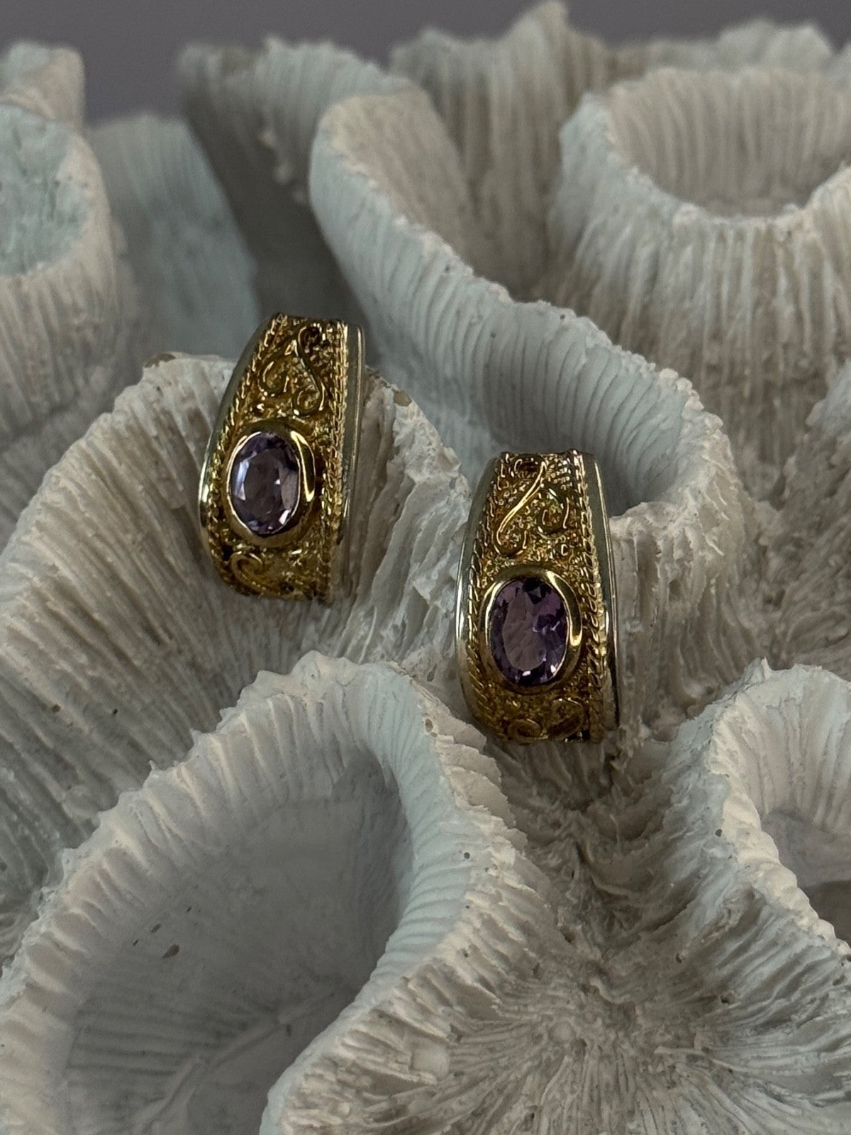 925 Sterling Silver Gold Plated Part Amethyst Earrings Length 0.70 Inch