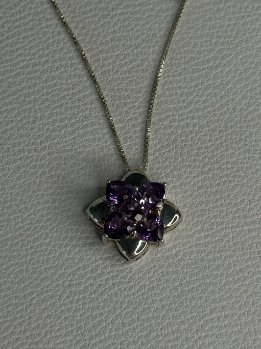 925 Sterling Silver Amethyst Flower Necklace Length 20 Inch