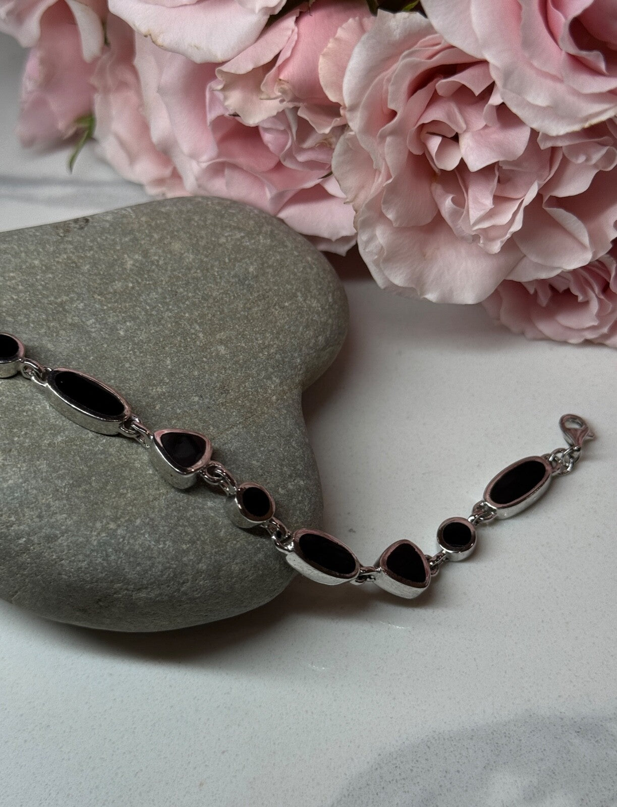 925 Sterling Silver Black Enamel Bracelet Length 7.5 in