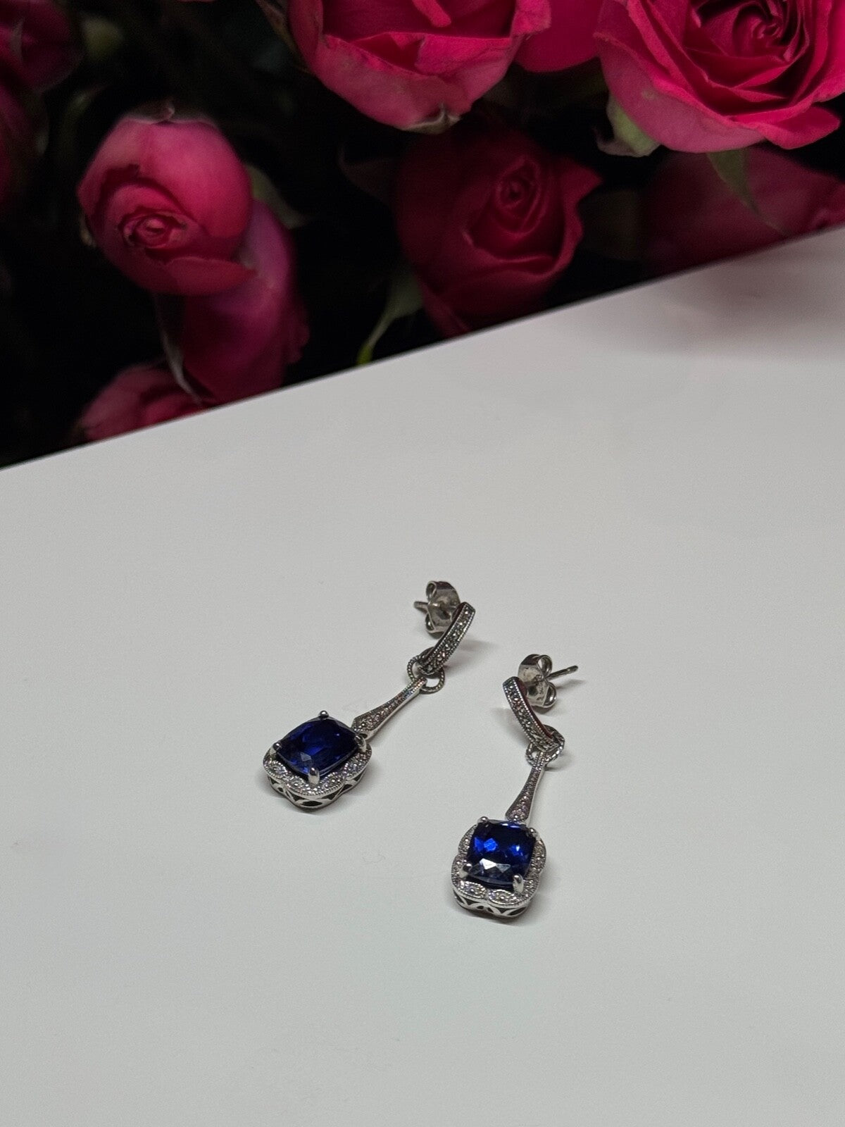925 Sterling Silver Sapphire Earrings Length 1.5 Inch