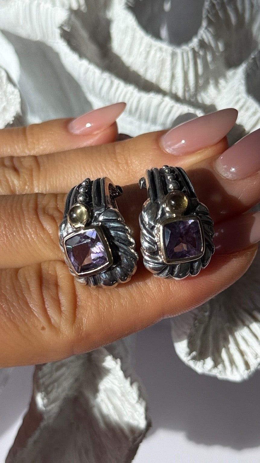 925 Sterling Silver Amethyst & Amber Clip Earrings