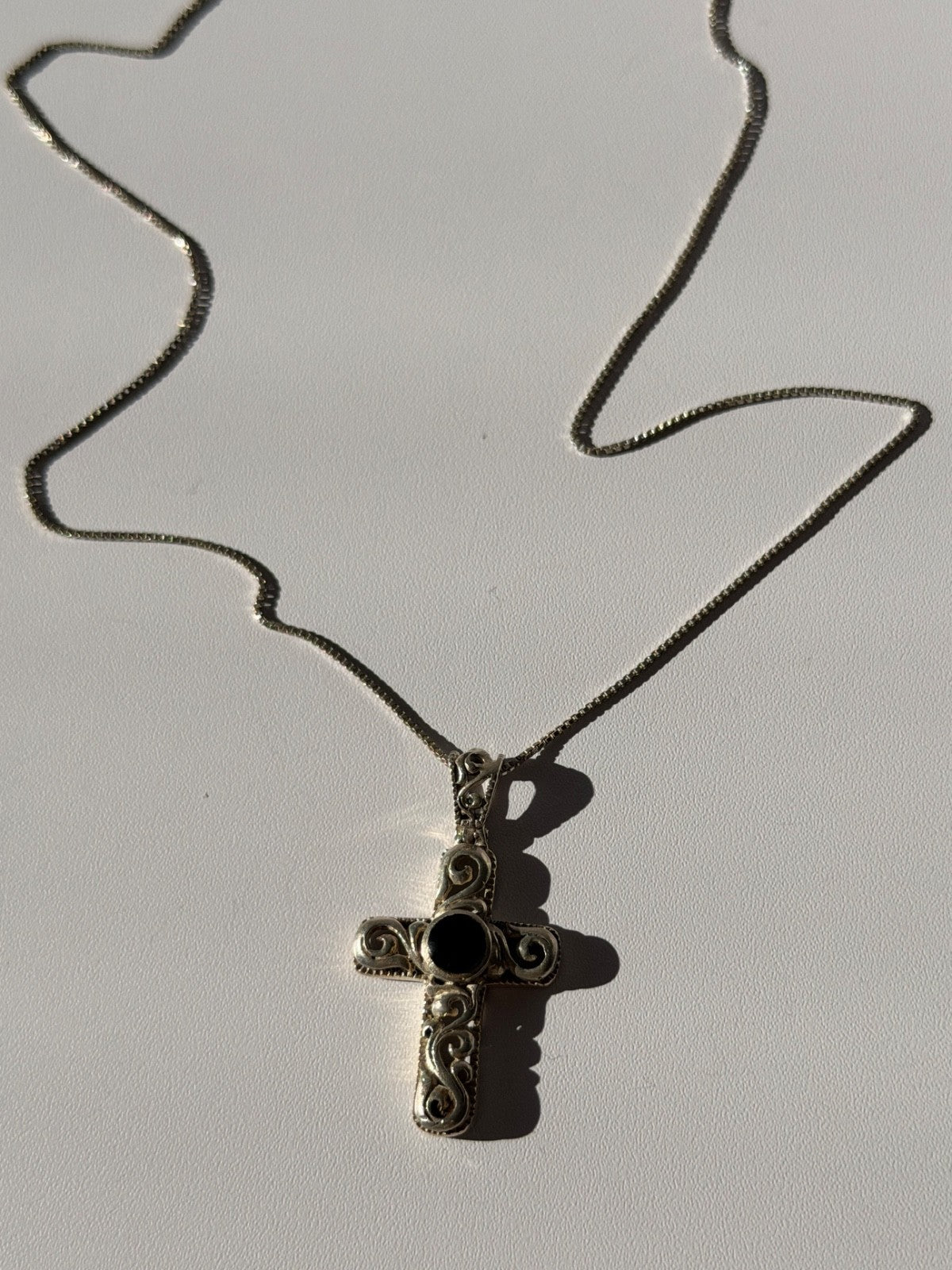 Vintage 925 Sterling Silver Black Onyx Cross Necklace Length 18 in