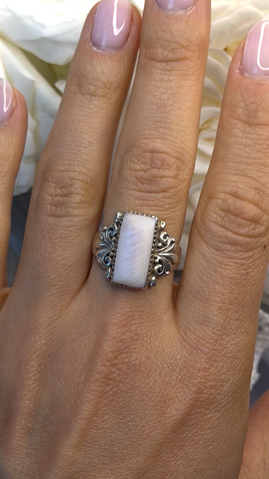 Ornate Art Deco Style 925 Sterling Silver Pink Abalone Ring Size 8.5