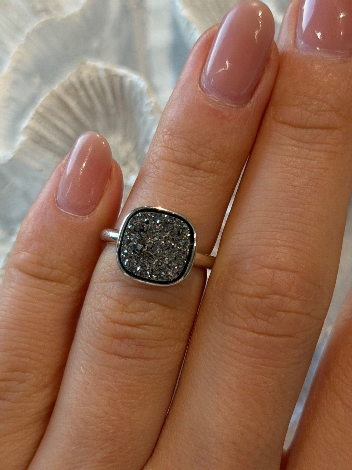 925 Sterling Silver Black Druzy Quartz Ring Size 5