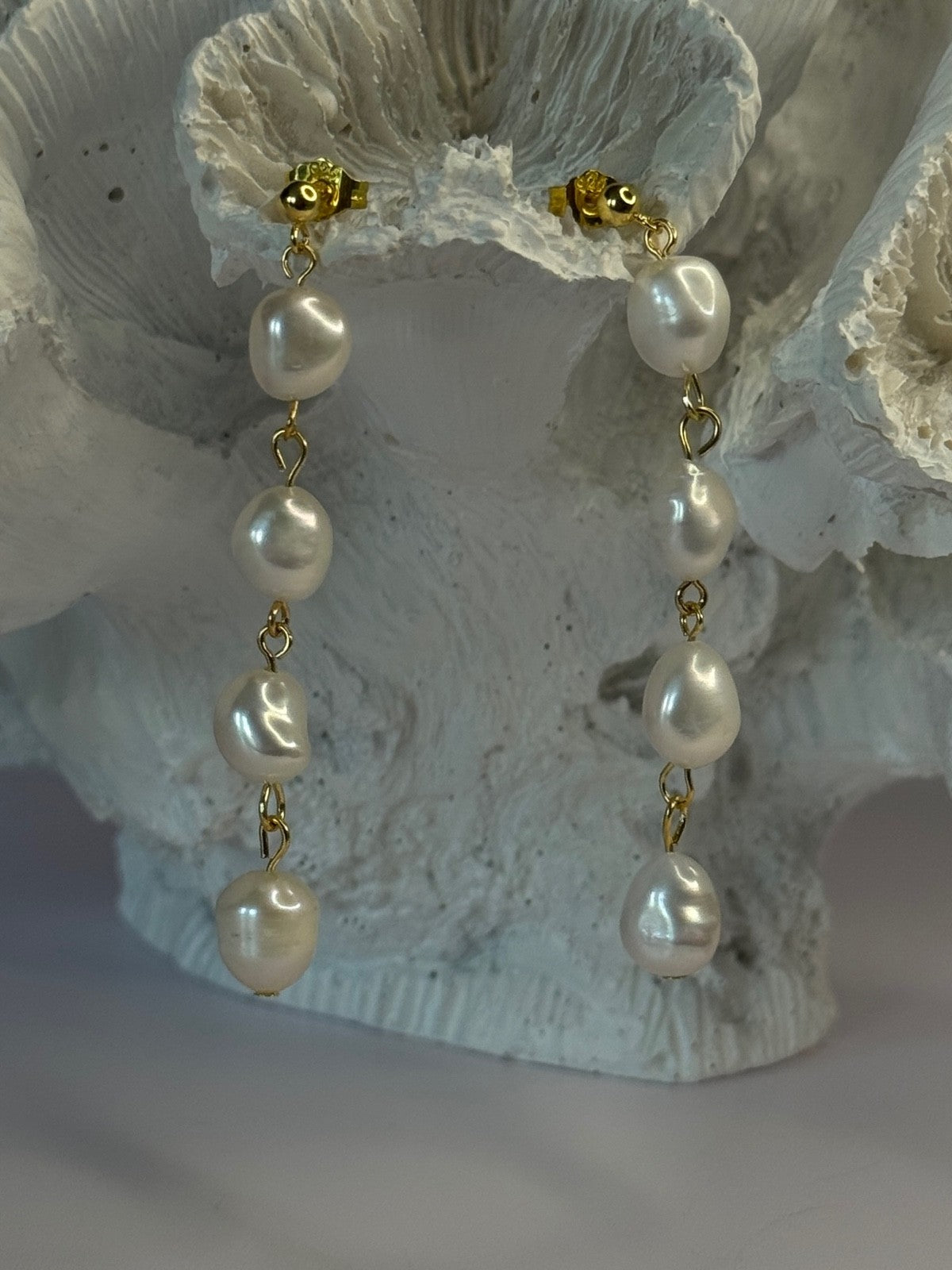 925 Sterling Silver Gold Plated Pearl Earrings Length 2.30 Inch