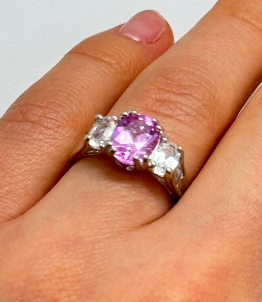 925 Sterling Silver Pink & White Spinel Ring Size 6