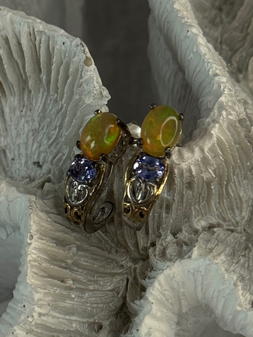 925 Sterling Silver Yellow Opal & Tanzanite Earrings Length 0.70 Inch