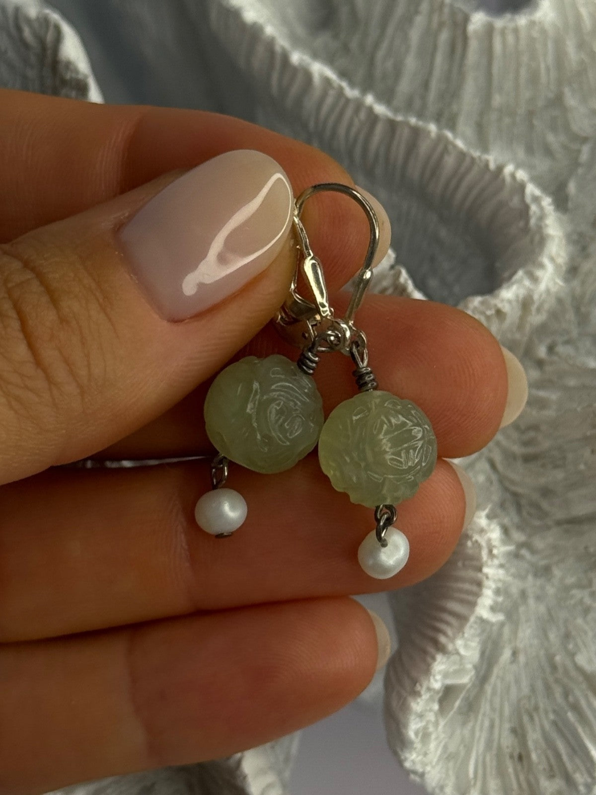 925 Sterling Silver Jade & Pearl Earrings Length 1.40 Inch