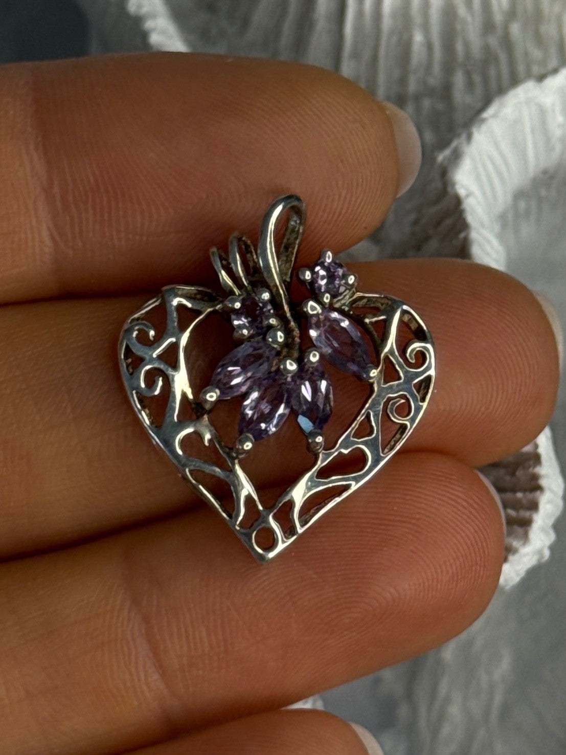 925 Sterling Silver Amethyst Heart Pendant Length 1 Inch