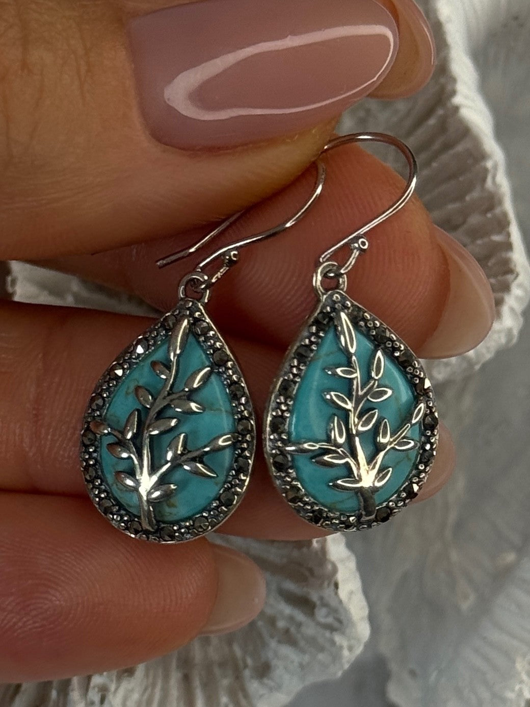 925 Sterling Silver Turquoise & Marcasite Earrings Length 1.20 Inch