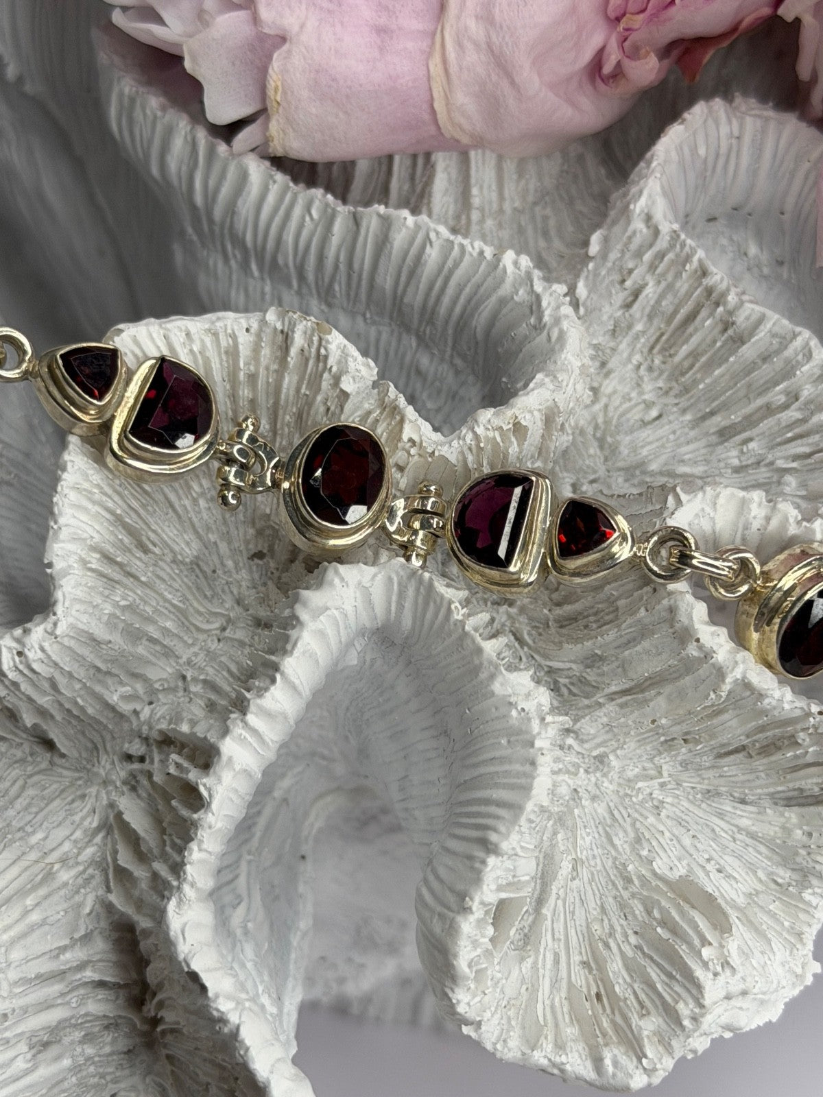 925 Sterling Silver Garnet Bracelet Length 7-7.5