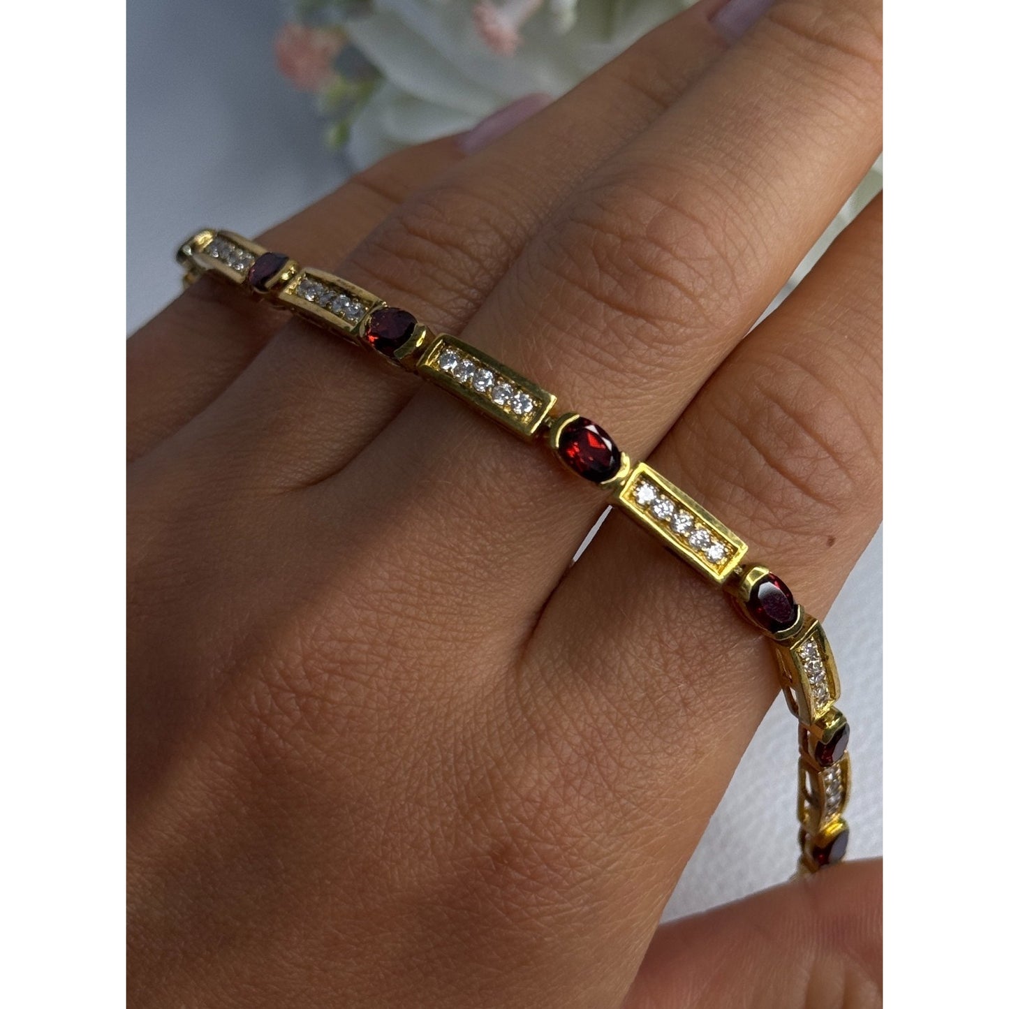 925 STERLING SILVER GOLD PLATED JJT GARNET & CZ BRACELET LENGTH 7.5