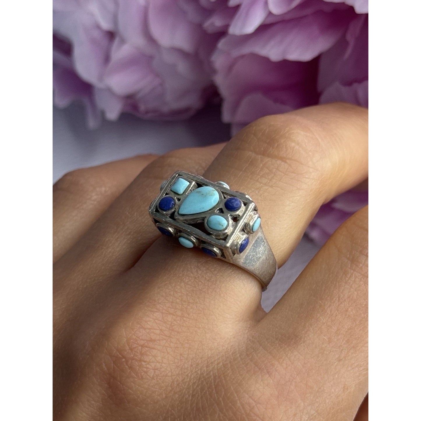 925 STERLING SILVER TURQUOISE & SODALITE RING SIZE 7.5