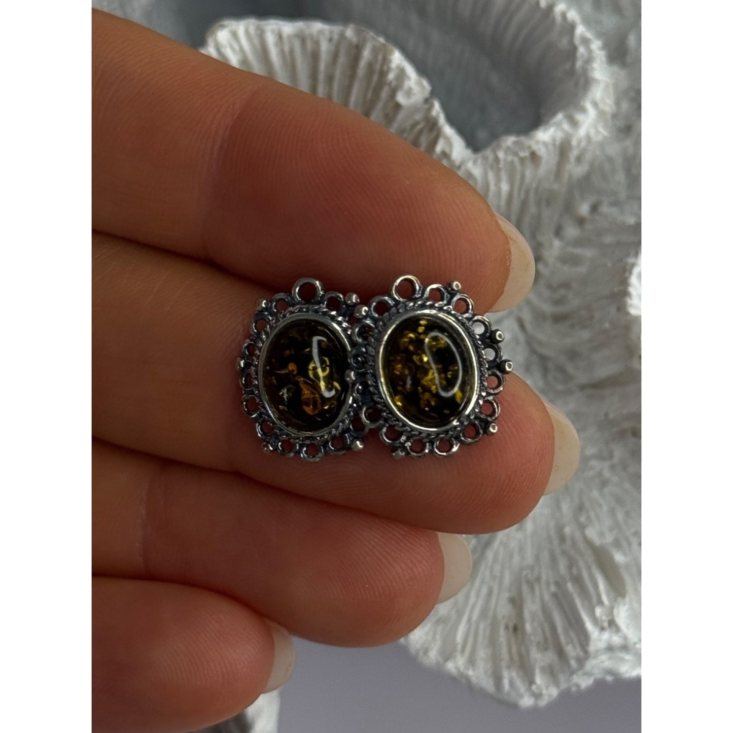 VINTAGE 925 STERLING SILVER AMBER EARRINGS LENGTH 0.60 INCH