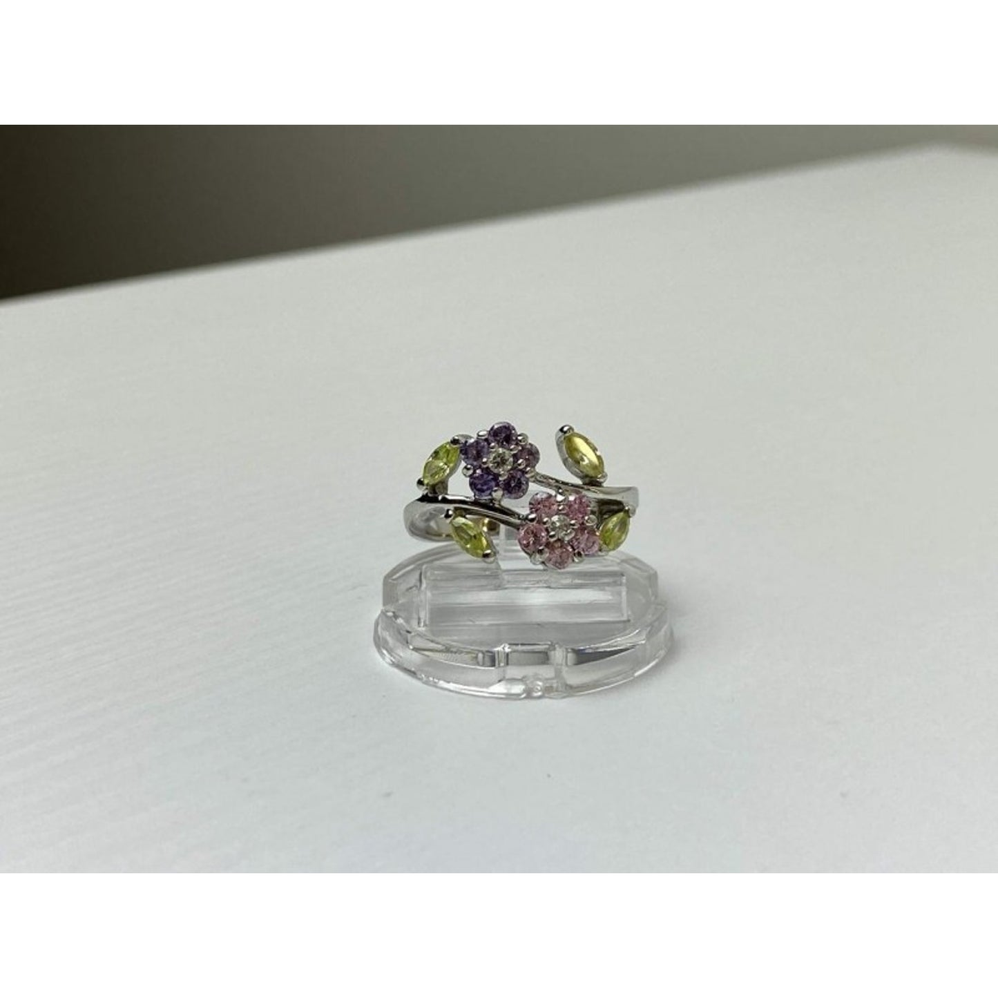 925 STERLING SILVER AMETHYST, MORGANITE, PERIDOT & CZ "FLOWERS" RING SIZE 8