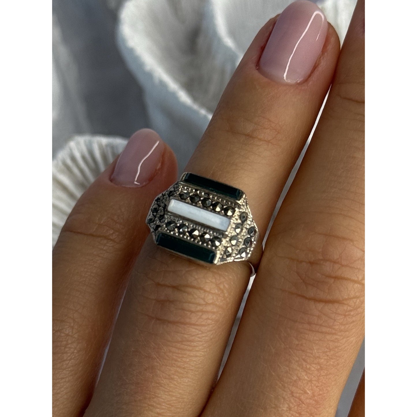 925 STERLING SILVER JADE ABALONE MARCASITE RING SIZE 6