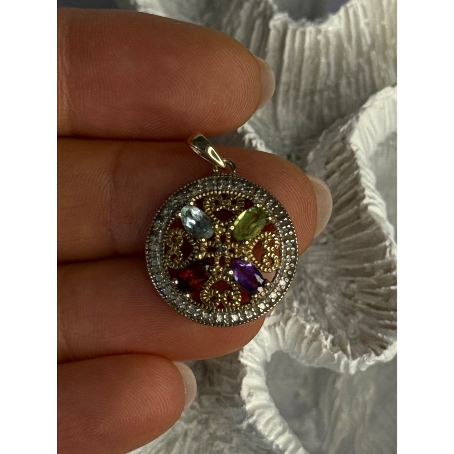 925 STERLING SILVER GOLD PLATED TOPAZ PERIDOT GARNET AMETHYST PENDANT