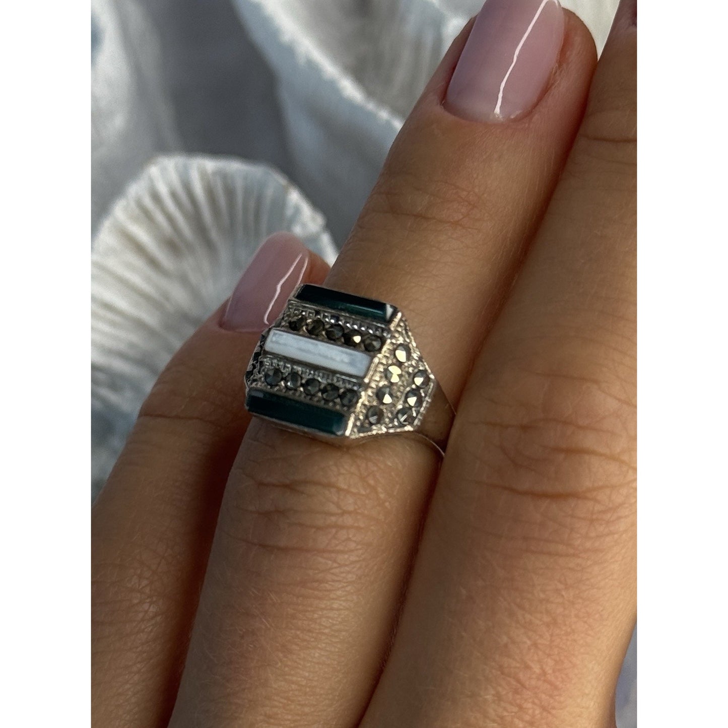 925 STERLING SILVER JADE ABALONE MARCASITE RING SIZE 6
