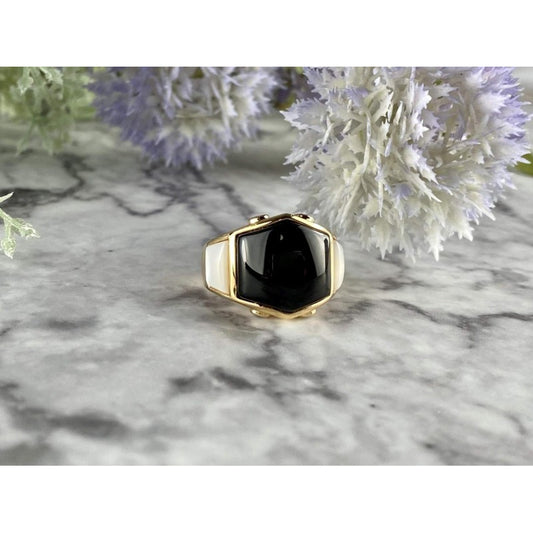 925 STERLING SILVER GOLD PLATED BLACK JADE, MOTHER OF PEARL & CZ RING SIZE 7