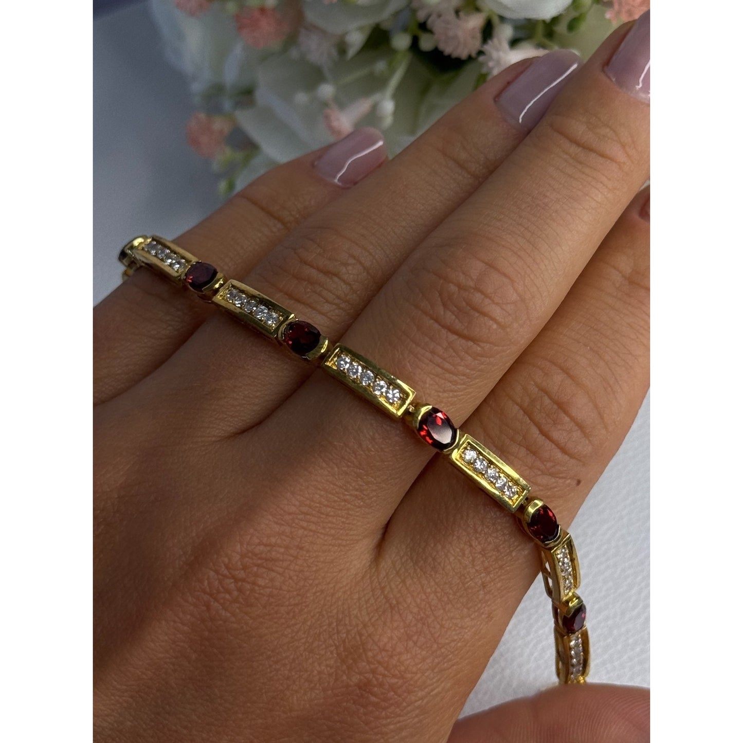 925 STERLING SILVER GOLD PLATED JJT GARNET & CZ BRACELET LENGTH 7.5