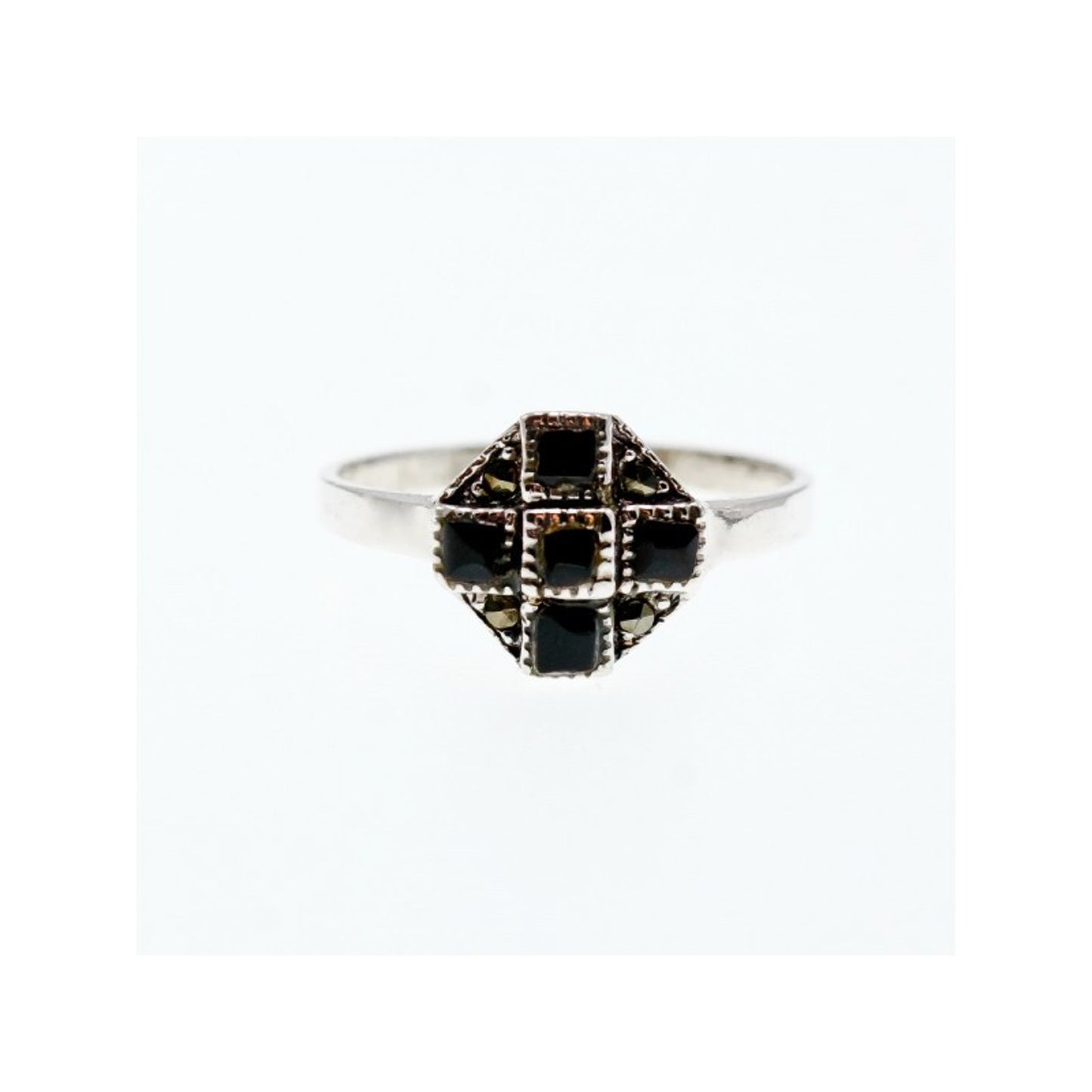 VINTAGE 925 STERLING SILVER BLACK ONYX & MARCASITES RING SIZE 10