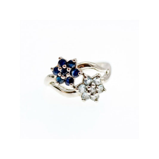 925 STERLING SILVER BLUE SAPPHIRE & WHITE TOPAZ "FLOWERS" RING SIZE 8