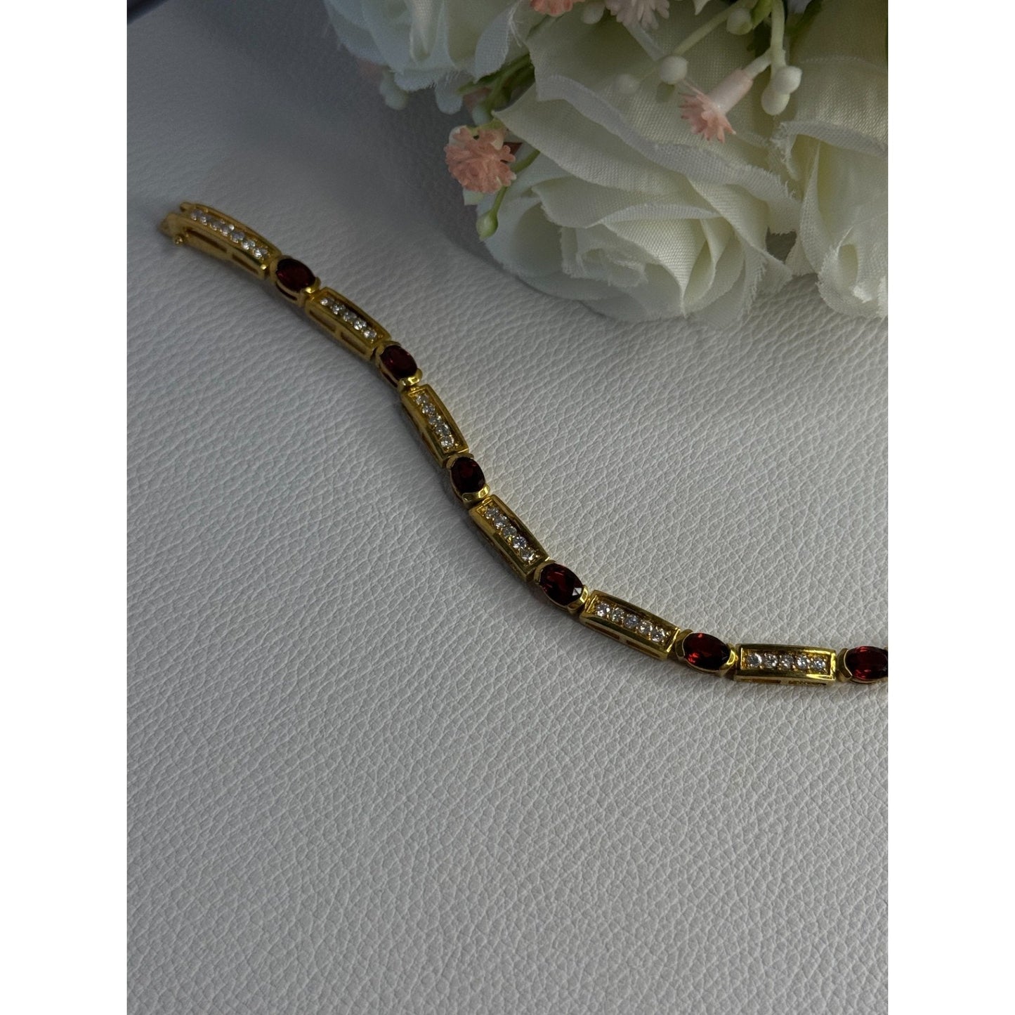 925 STERLING SILVER GOLD PLATED JJT GARNET & CZ BRACELET LENGTH 7.5
