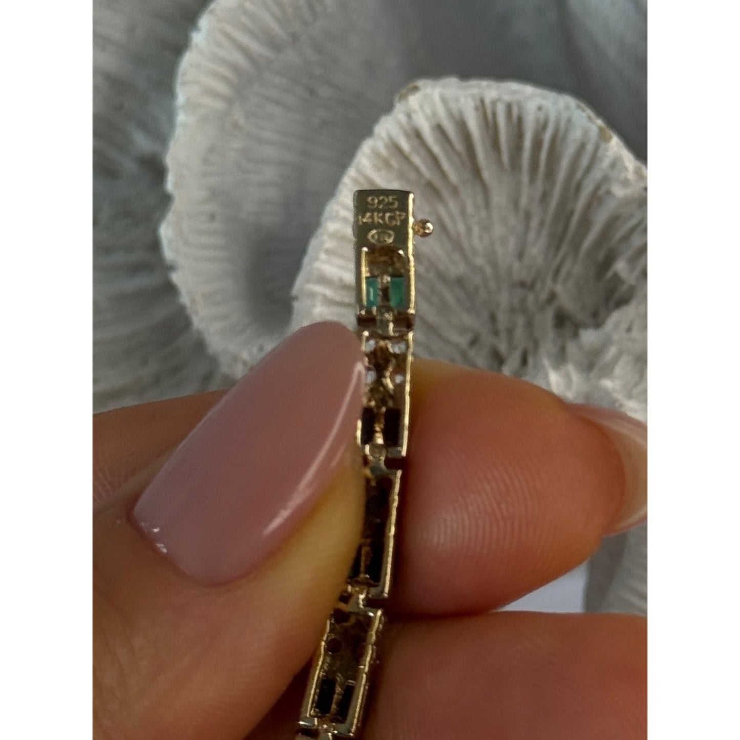 925 Sterling Silver 14K Gold Plated Emerald & Beryl Bracelet Length 7.5