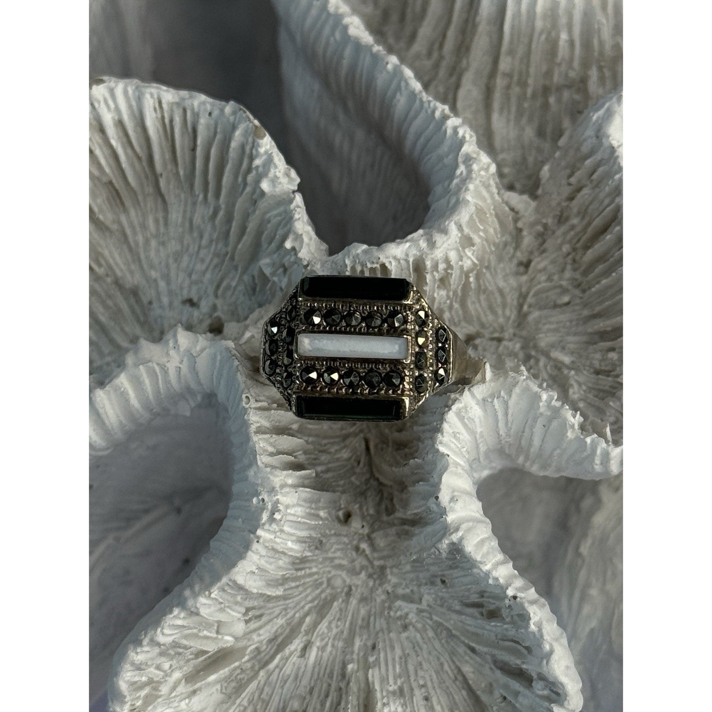 925 STERLING SILVER JADE ABALONE MARCASITE RING SIZE 6