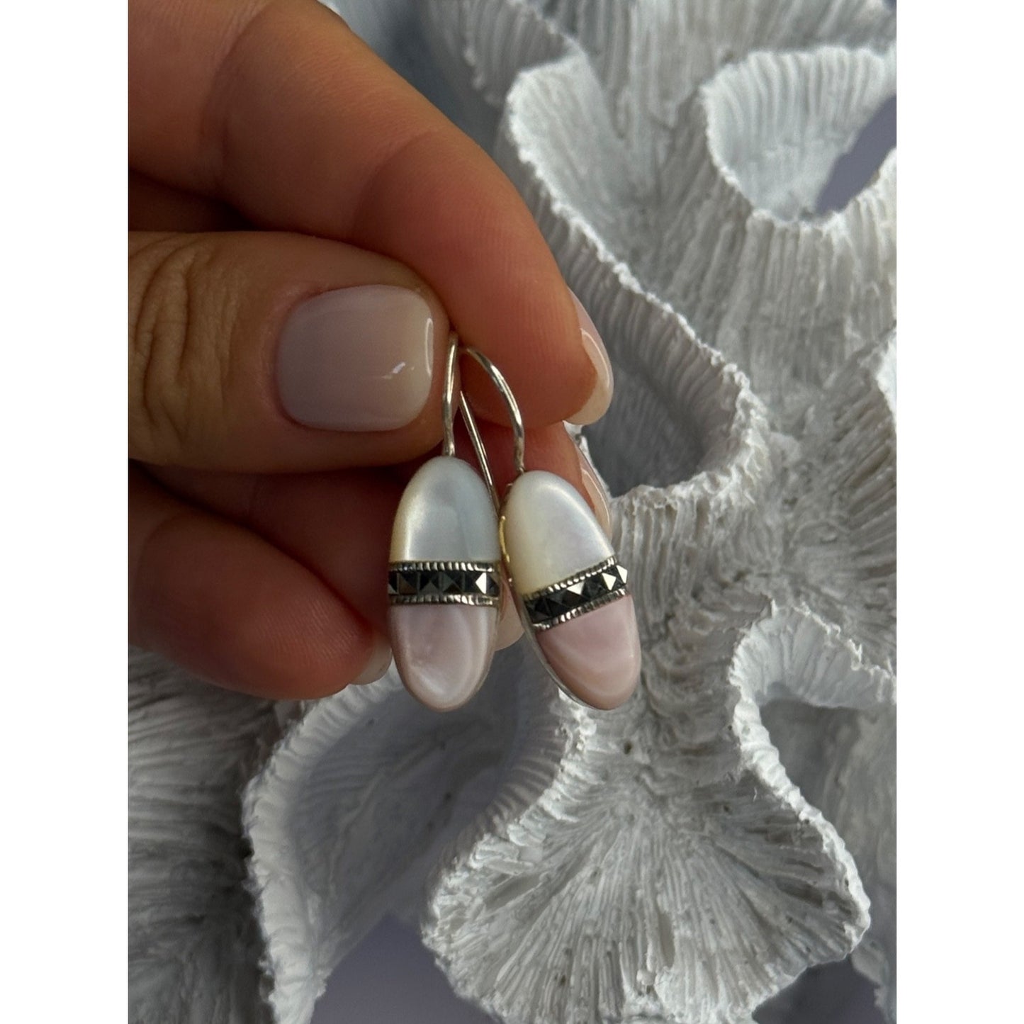 925 Sterling Silver Abalone & Marcasite Earrings Length 1.25 Inch