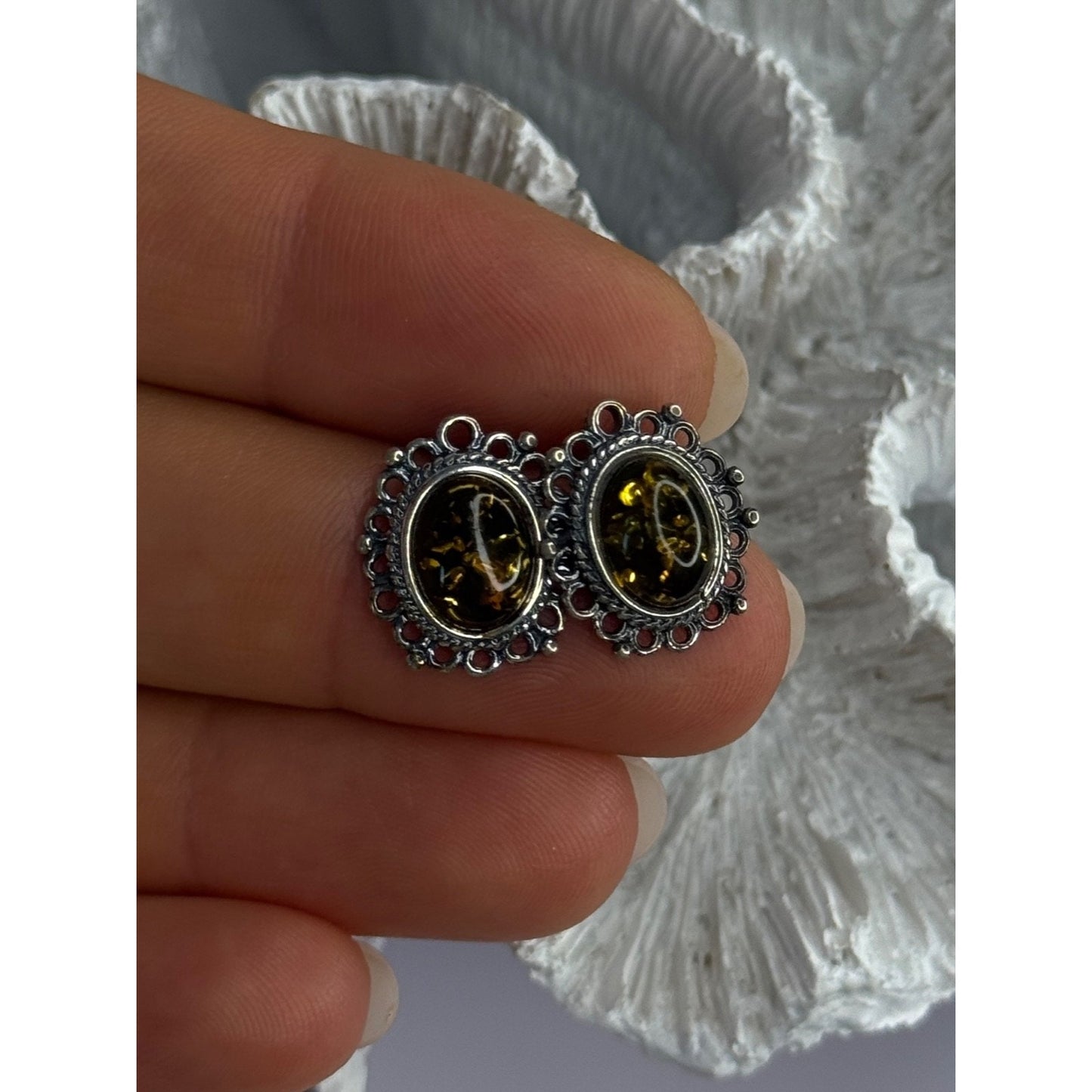 VINTAGE 925 STERLING SILVER AMBER EARRINGS LENGTH 0.60 INCH
