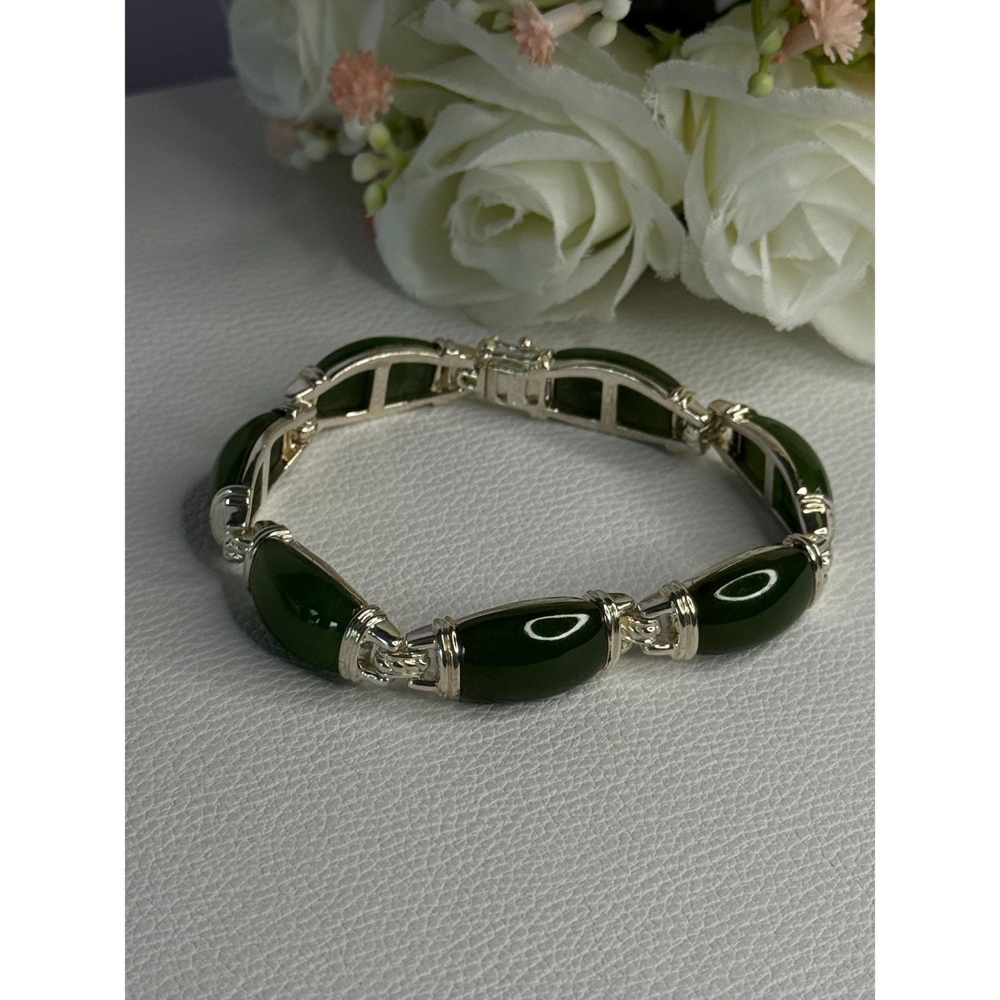 925 STERLING SILVER GREEN NEPHRITE BRACELET LENGTH 7.5