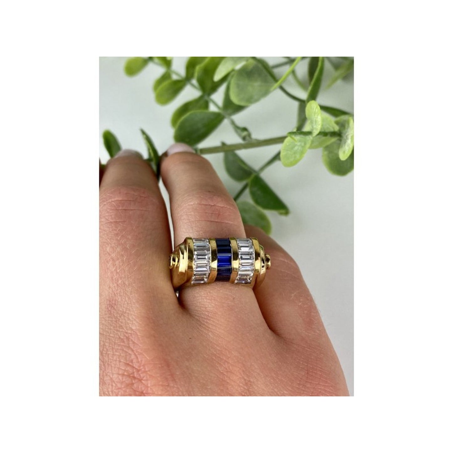 925 STERLING SILVER GOLD PLATED SAPPHIRES & CZ RING SIZE 7