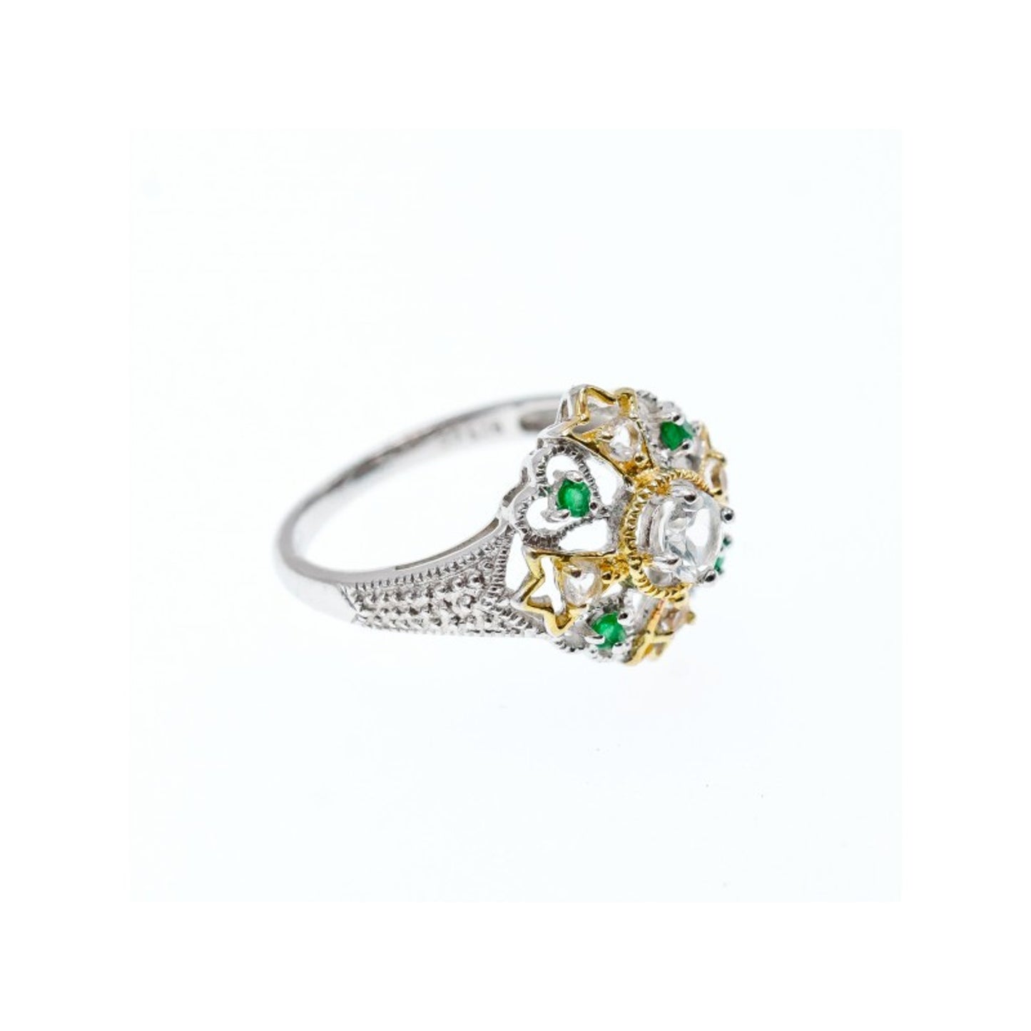 925 STERLING SILVER GOLD PLATED EMERALD & GOSHENITE RING SIZE 6.5