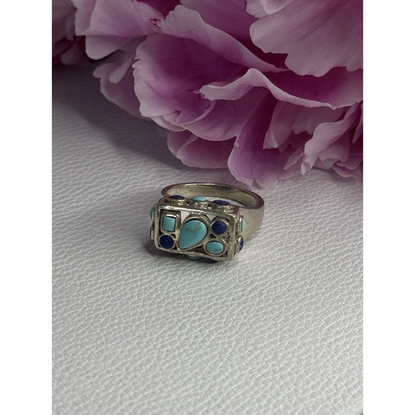 925 STERLING SILVER TURQUOISE & SODALITE RING SIZE 7.5