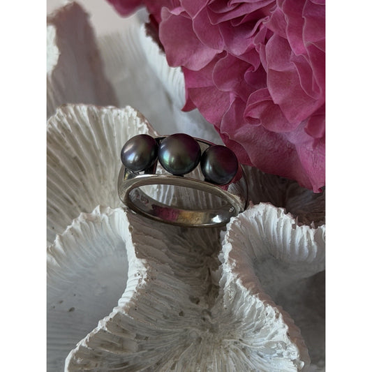 925 Sterling Silver Black Pearl Ring Size 9