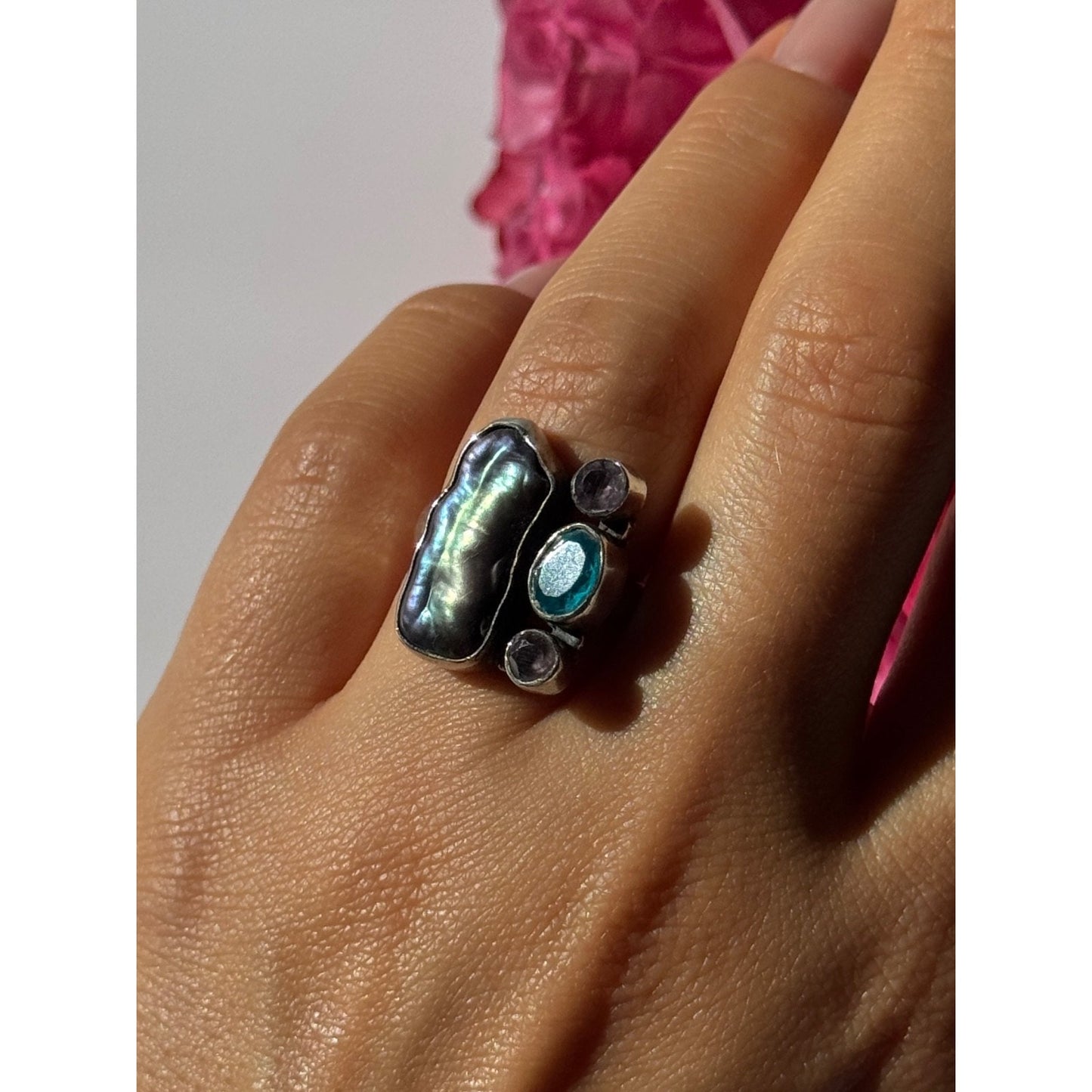 925 Sterling Silver Abalone Amethyst Aquamarine Ring Size 6