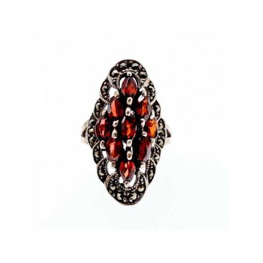 VINTAGE 925 STERLING SILVER GARNET & MARCASITES RING SIZE 6.5