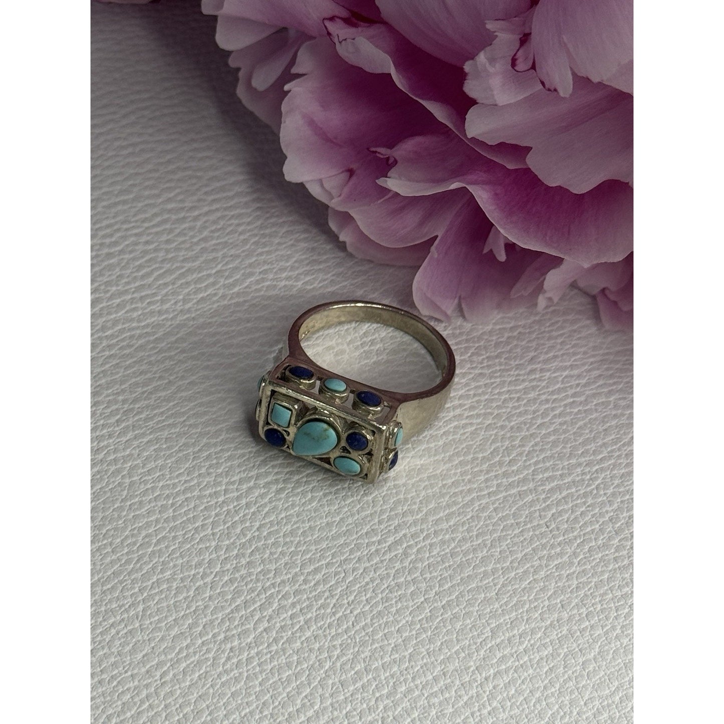 925 STERLING SILVER TURQUOISE & SODALITE RING SIZE 7.5