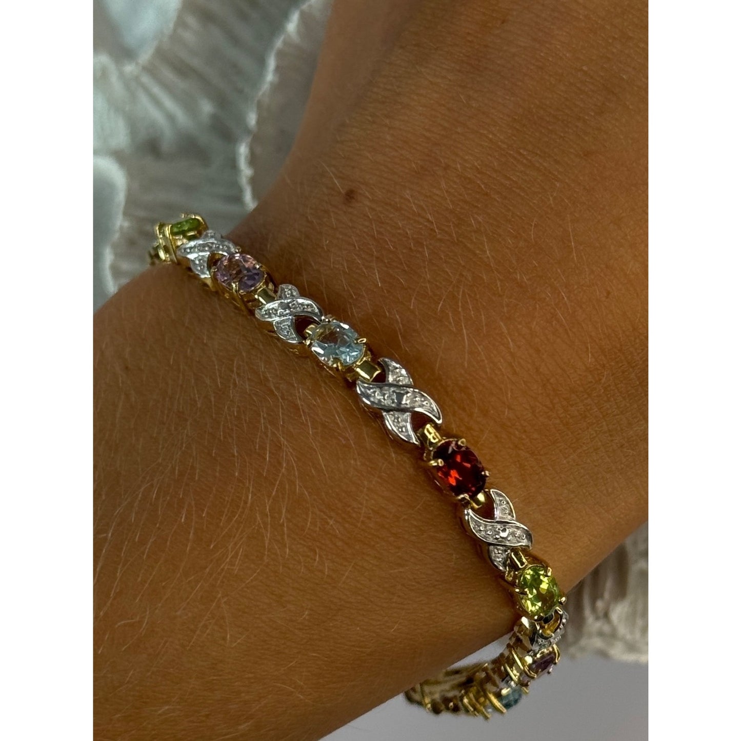 925 Sterling Silver Gold Plated Multi Color Gemstones Bracelet Length 7.5